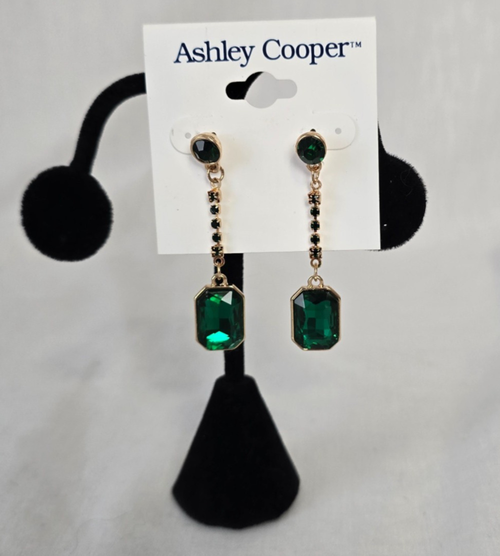 Ashley Cooper Emerald Green Gems & Gold Dangle Earrings NWT